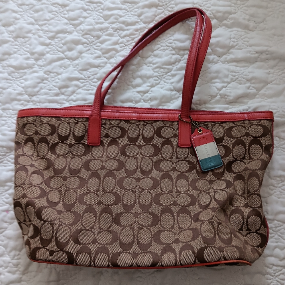 Vintage Coach 23465 Weekender Signature C Medium Zip Tote Khaki Coral Red